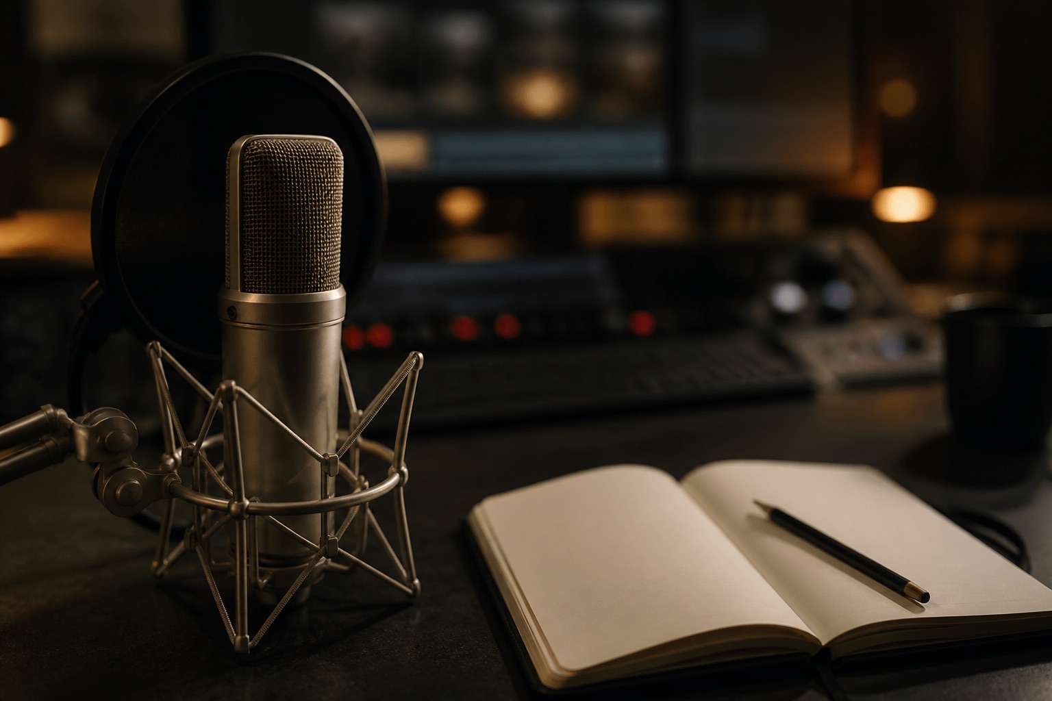 A condenser microphone and open notebook on a dark cutting-room table