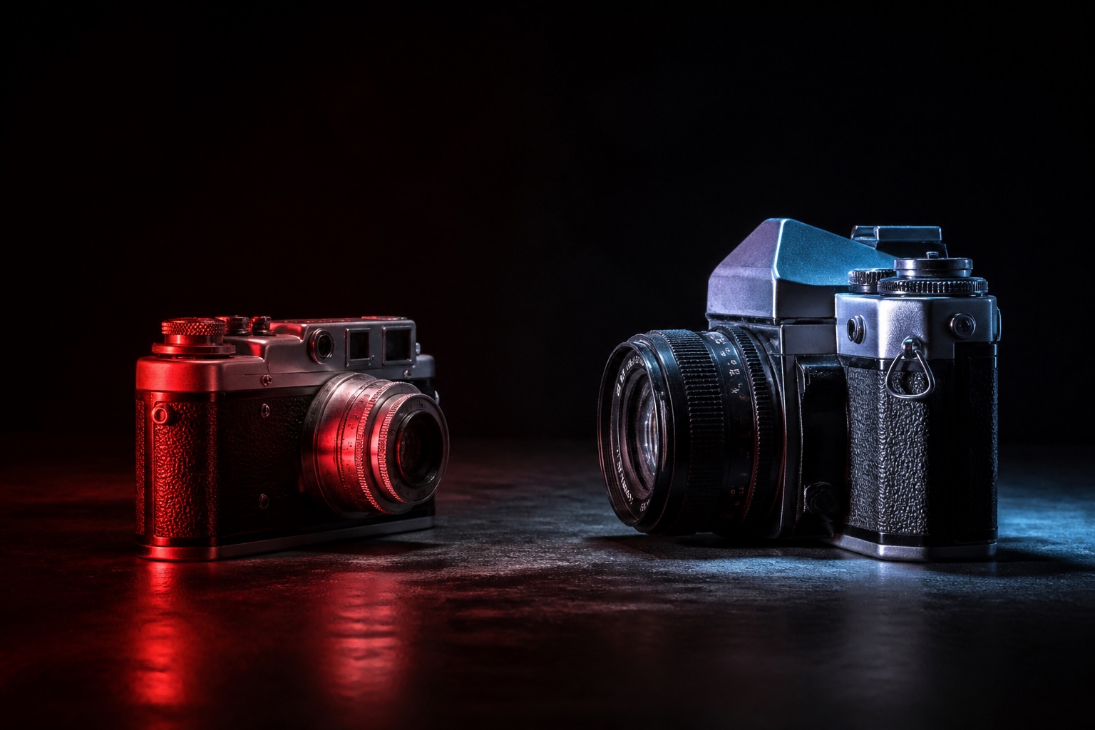 Two cameras facing each other, one compact and red-lit, one larger and cooler