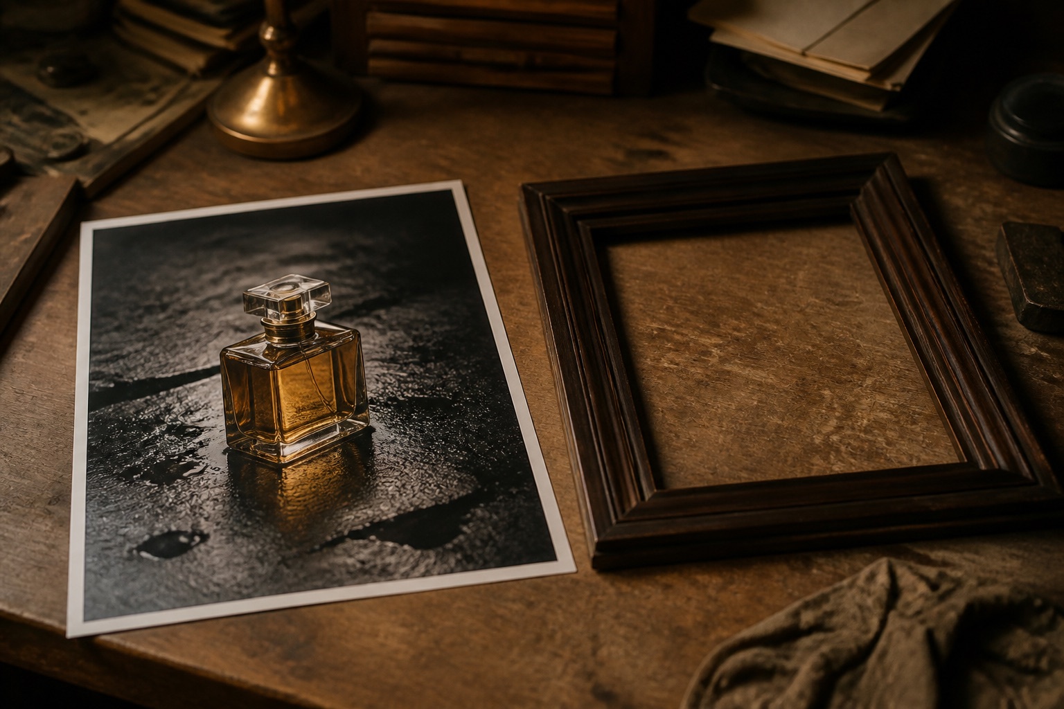 A printed still of a perfume bottle beside an empty frame, standing in for first and last frame