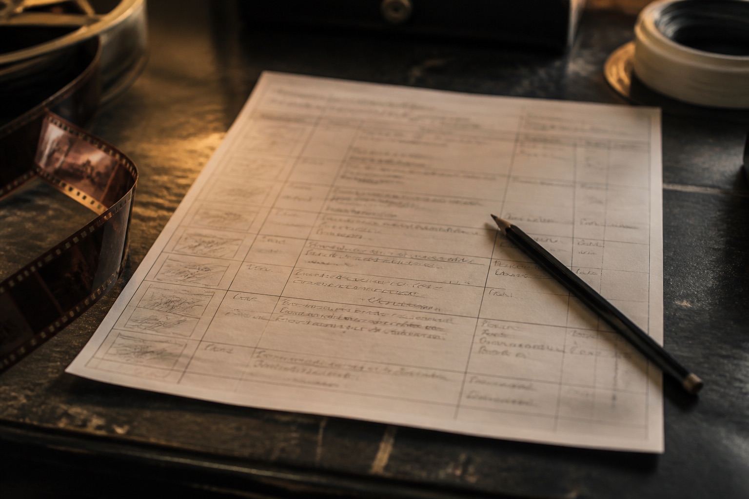 A marked shot list and pencil on a cutting-room table