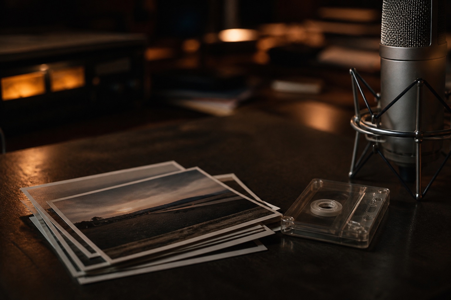 Prints, a cassette, and a microphone on a cutting-room table