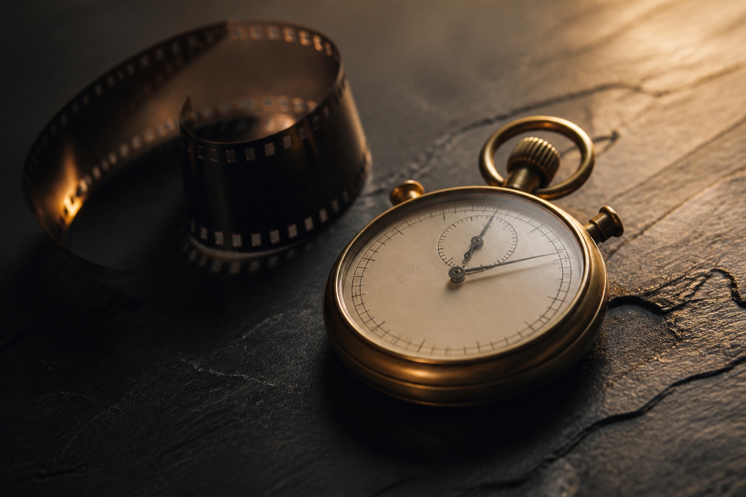 A stopwatch on a slate next to a short film strip