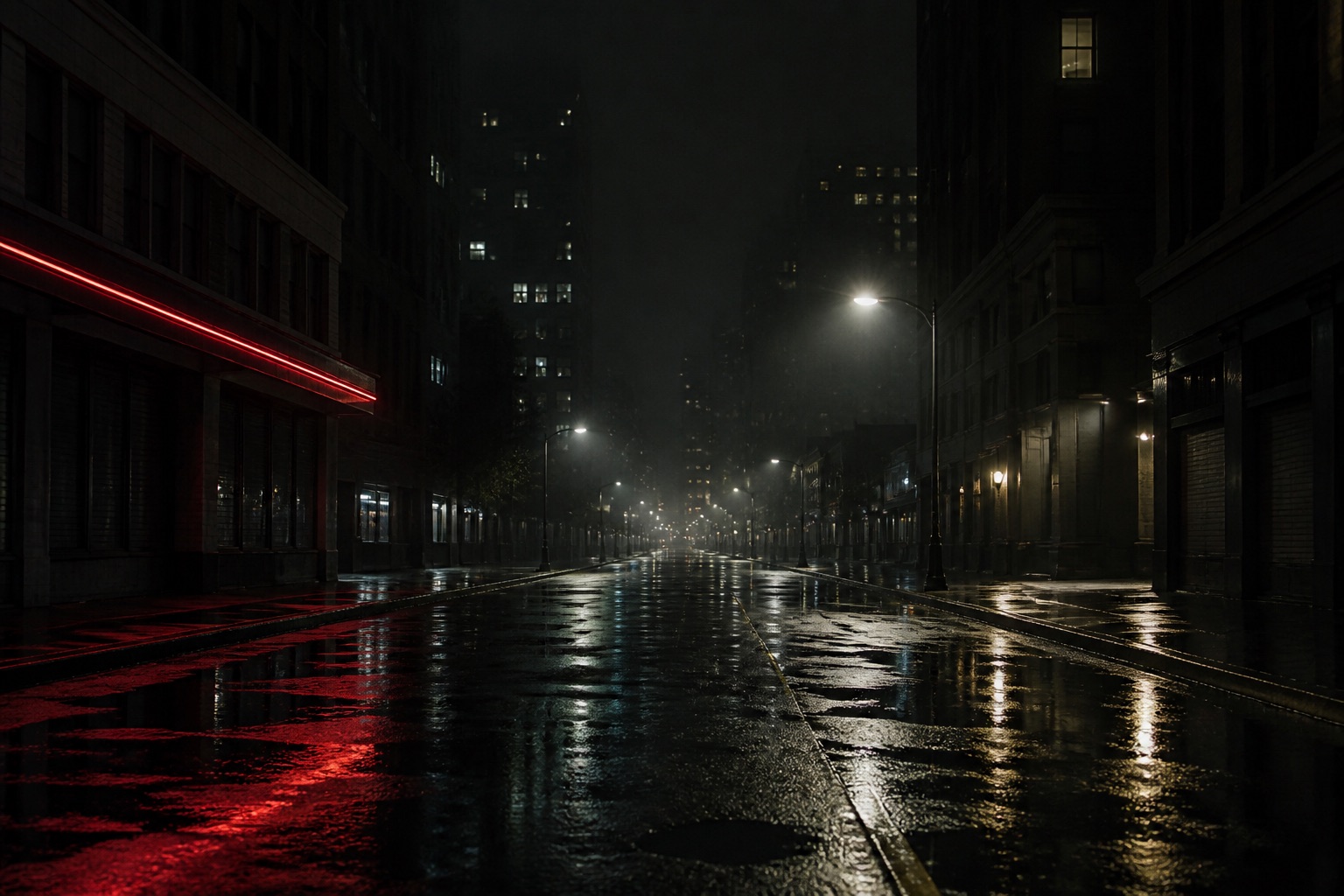 Rain-soaked night street with a red neon streak, standing in for text-to-video